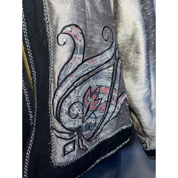 Stephanie Thomas Jacket Womens Large Silver Silk Embroidered Open Front Boho - Picture 4 of 13